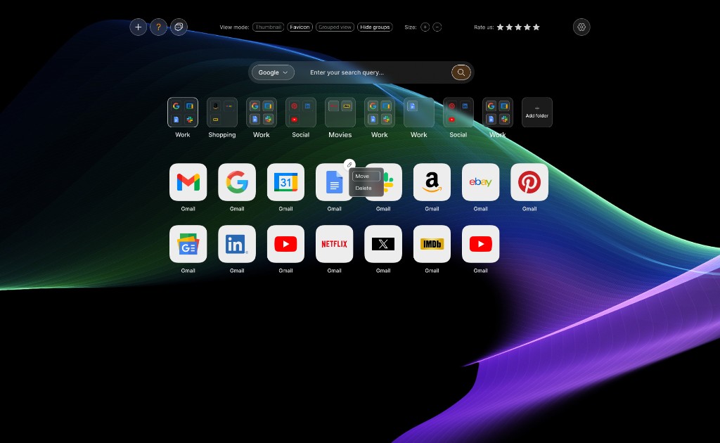 Webdoka New Tab dashboard with visual bookmarks and search