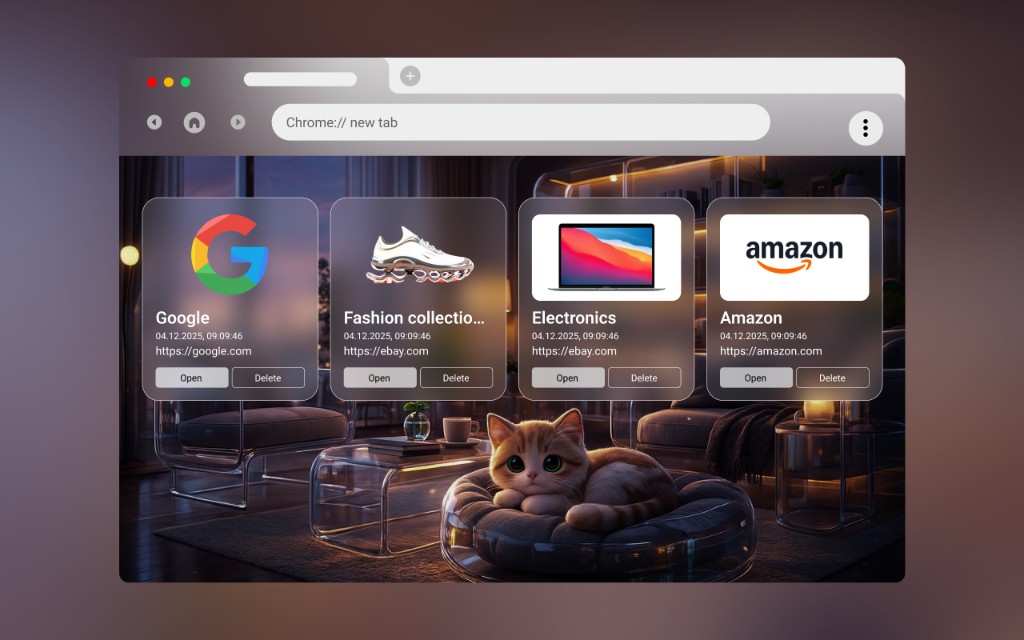 Webdoka New Tab dashboard with visual bookmarks