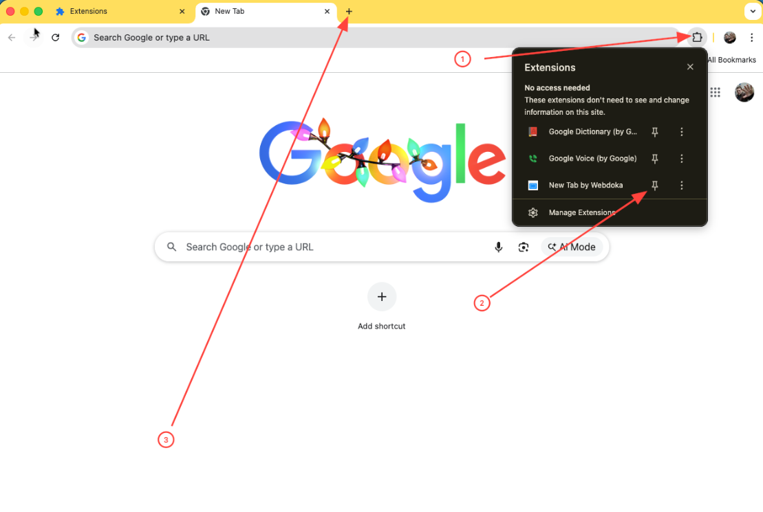 How to pin the extension and open a new tab